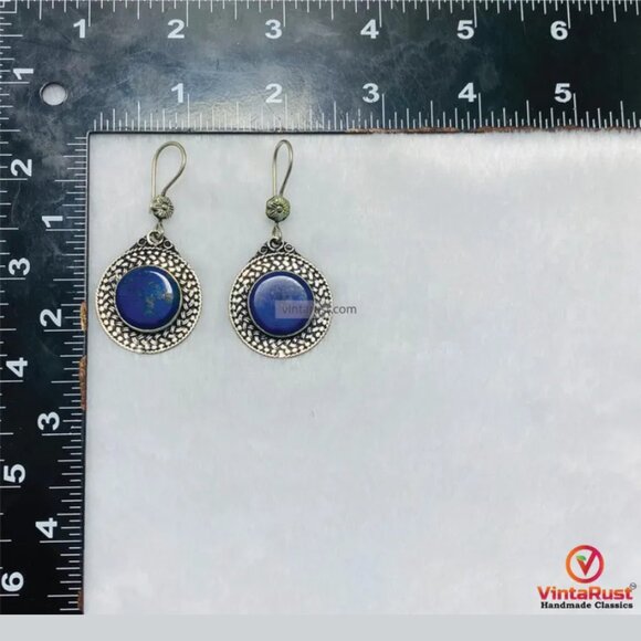 Handmade Blue Gemstone Dangle Earrings: Silver Tone Lapis Lazuli Earrings - Picture 6 of 6